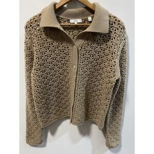 VINCE Sz L CROCHET KNIT BUTTON CARDIGAN SWEATER BROWN